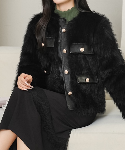 Lace Ladies(レースレディース)の「ノーカラー フラップ ボタン ファー ジャケット(ノーカラージャケット・レディース・ホワイト/ブラック/グレー・M)」の6枚目の写真