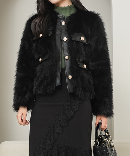 Lace Ladies(レースレディース)の「ノーカラー フラップ ボタン ファー ジャケット(ノーカラージャケット・レディース・ホワイト/ブラック/グレー・M)」の7枚目の写真