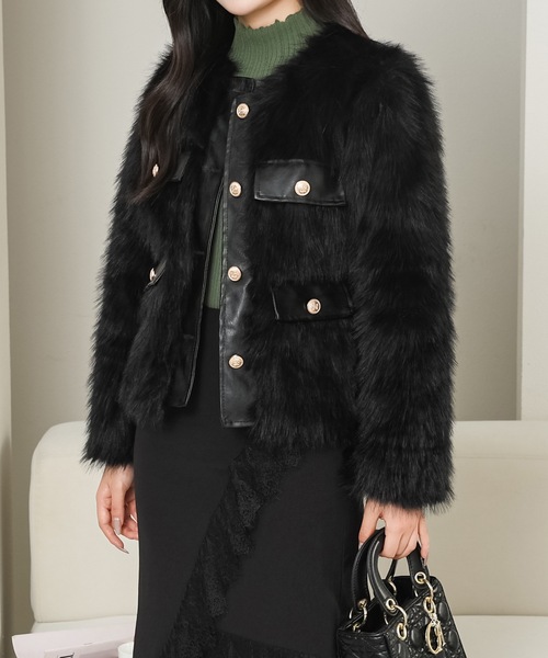 セール】ノーカラー フラップ ボタン ファー ジャケット（ノーカラー