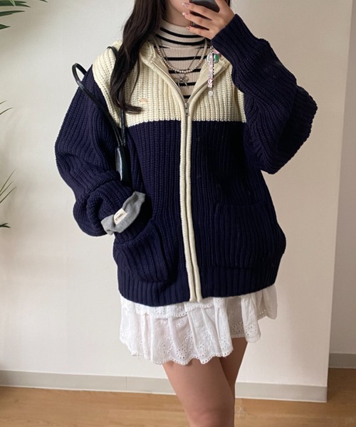 nemne store（ネンネストア）の「【Seoup】配色ニットジップフーディ（パーカー・レディース・ネイビー/ボルドー/グリーン系/ピンク系・SMALL/MEDIUM）」の21枚目の写真