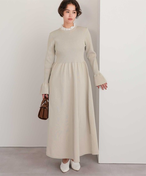 襟付きボリュームスカートニットワンピース（ワンピース）｜titivate