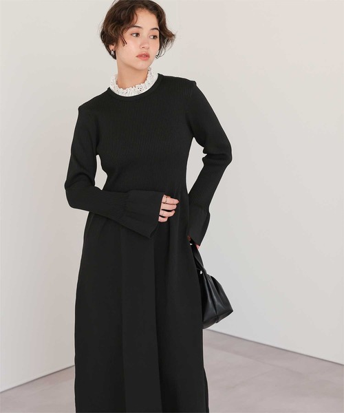 襟付きボリュームスカートニットワンピース（ワンピース）｜titivate