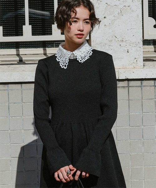 襟付きボリュームスカートニットワンピース（ワンピース）｜titivate