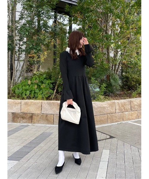 セール】襟付きボリュームスカートニットワンピース（ワンピース