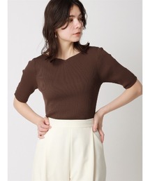 ハートネックリブニット 半袖 ハンドウォッシュ ドライレーヨン 無地