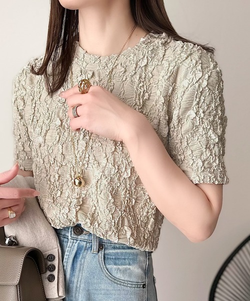 classicalelf(クラシカルエルフ)の「華やかな高級感を演出する。カットジャガード短丈Tシャツ(半袖)(Tシャツ/カットソー・レディース・チャコール/アイボリー/グレイッシュベージュ/ブラック・X-LARGE/SMALL/MEDIUM/LARGE)」の7枚目の写真