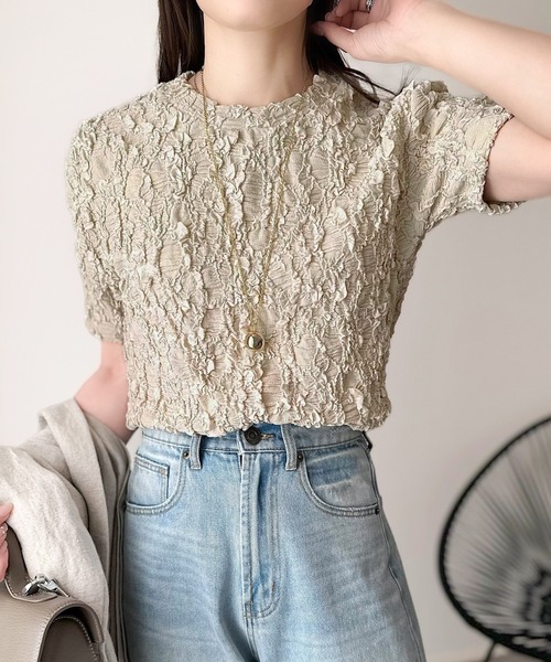 classicalelf(クラシカルエルフ)の「華やかな高級感を演出する。カットジャガード短丈Tシャツ(半袖)(Tシャツ/カットソー・レディース・チャコール/アイボリー/グレイッシュベージュ/ブラック・X-LARGE/SMALL/MEDIUM/LARGE)」の8枚目の写真