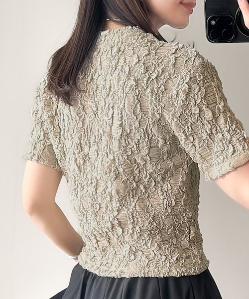 classicalelf(クラシカルエルフ)の「華やかな高級感を演出する。カットジャガード短丈Tシャツ(半袖)(Tシャツ/カットソー・レディース・チャコール/アイボリー/グレイッシュベージュ/ブラック・X-LARGE/SMALL/MEDIUM/LARGE)」の10枚目の写真