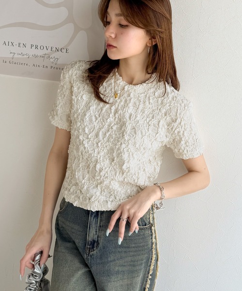 classicalelf(クラシカルエルフ)の「華やかな高級感を演出する。カットジャガード短丈Tシャツ(半袖)(Tシャツ/カットソー・レディース・チャコール/アイボリー/グレイッシュベージュ/ブラック・X-LARGE/SMALL/MEDIUM/LARGE)」の14枚目の写真