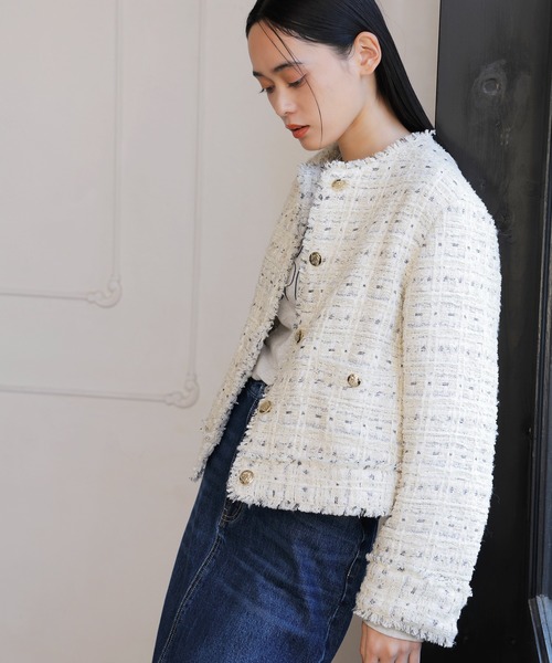 VIS（ビス）の「ツイードノーカラージャケット（ノーカラージャケット・レディース・ブラック/オフホワイト・FREE）」の14枚目の写真