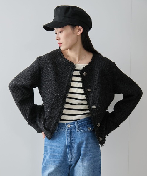 VIS（ビス）の「ツイードノーカラージャケット（ノーカラージャケット・レディース・ブラック/オフホワイト・FREE）」の11枚目の写真