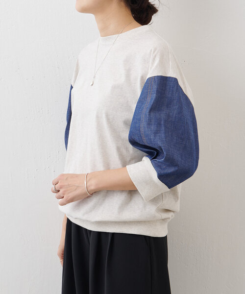 BEARDSLEY ビアズリー　ラウンドヘムＴ　半袖カットソー ホワイト セール】袖デニムTee（Tシャツ/カットソー）｜BEARDSLEY