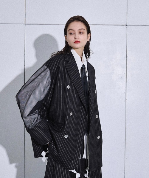 Lame stripe tulle layered tailored jacket / ラメストライプ