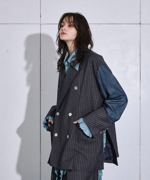 seyto ストライプ テーラードジャケット Lame stripe tulle layered tailored jacket / ラメストライプ