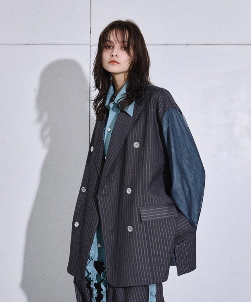 seyto プリーツテーラードジャケット Lame stripe tulle layered tailored jacket / ラメストライプ