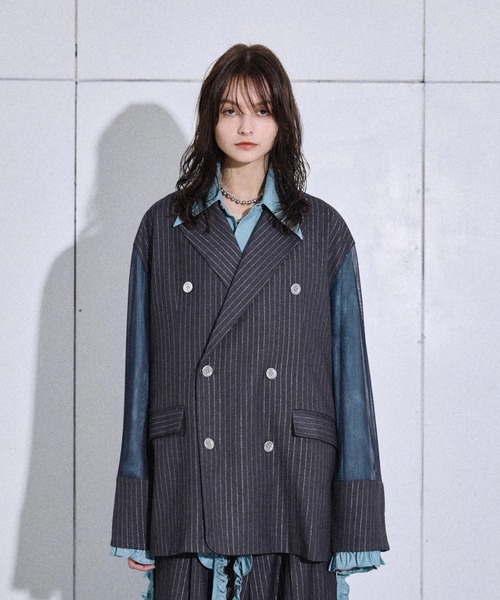 セール】Lame stripe tulle layered tailored jacket / ラメ