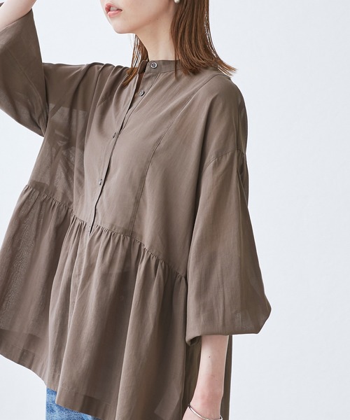 ROPE' PICNIC(ロペピクニック)の「【接触冷感・通気性】お着軽シャツシリーズ/綿ボイルペプラムシャツ(シャツ/ブラウス・レディース・オレンジ/イエロー/ブラウン/ライトグリーン/ピンク/サックスブルー/オフホワイト/ブルー・38/40/36)」の3枚目の写真