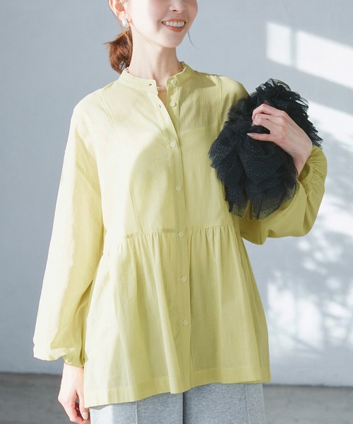 ROPE' PICNIC(ロペピクニック)の「【接触冷感・通気性】お着軽シャツシリーズ/綿ボイルペプラムシャツ(シャツ/ブラウス・レディース・オレンジ/イエロー/ブラウン/ライトグリーン/ピンク/サックスブルー/オフホワイト/ブルー・38/40/36)」の7枚目の写真