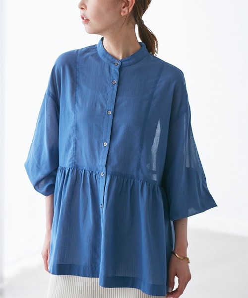 ROPE' PICNIC(ロペピクニック)の「【接触冷感・通気性】お着軽シャツシリーズ/綿ボイルペプラムシャツ(シャツ/ブラウス・レディース・オレンジ/イエロー/ブラウン/ライトグリーン/ピンク/サックスブルー/オフホワイト/ブルー・38/40/36)」の6枚目の写真