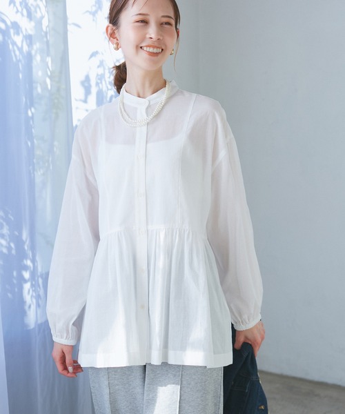 ROPE' PICNIC(ロペピクニック)の「【接触冷感・通気性】お着軽シャツシリーズ/綿ボイルペプラムシャツ(シャツ/ブラウス・レディース・オレンジ/イエロー/ブラウン/ライトグリーン/ピンク/サックスブルー/オフホワイト/ブルー・38/40/36)」の11枚目の写真