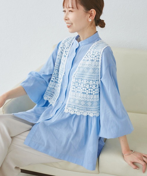 ROPE' PICNIC(ロペピクニック)の「【接触冷感・通気性】お着軽シャツシリーズ/綿ボイルペプラムシャツ(シャツ/ブラウス・レディース・オレンジ/イエロー/ブラウン/ライトグリーン/ピンク/サックスブルー/オフホワイト/ブルー・38/40/36)」の20枚目の写真