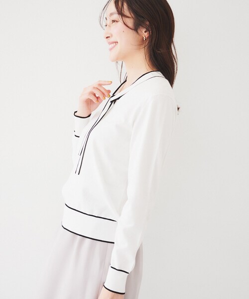 UNTITLED（アンタイトル）の「【アンサンブル可能】ボウタイ 配色プルオーバーニット（ニット/セーター・レディース・ブルー/ベビーピンク/ホワイト系5/ベージュ系その他7/ブラック系4・44/48/00/02/04）」の18枚目の写真