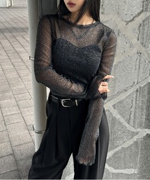 【LVEU.】フレアスリーブラメシアートップス/ トップス カットソー シアー ラメ フレアスリーブ クルーネック レイヤード インナー ブラック シルバー ネイビー 韓国 韓国ファッション モード ZOZOTOWN限定