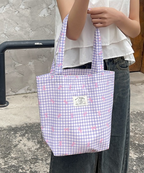 Mignonjour(ミニョンジュール)の「Mignonjour/リボンチェック柄トートバッグ M2691(トートバッグ・レディース・ブルー/レッド/ピンク/イエロー/パープル・FREE)」の4枚目の写真