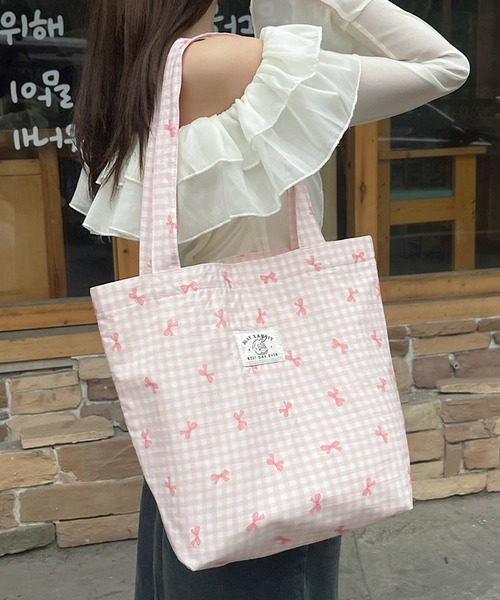 Mignonjour(ミニョンジュール)の「Mignonjour/リボンチェック柄トートバッグ M2691(トートバッグ・レディース・ブルー/レッド/ピンク/イエロー/パープル・FREE)」の5枚目の写真