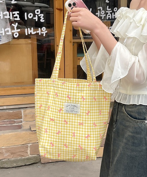 Mignonjour(ミニョンジュール)の「Mignonjour/リボンチェック柄トートバッグ M2691(トートバッグ・レディース・ブルー/レッド/ピンク/イエロー/パープル・FREE)」の1枚目の写真