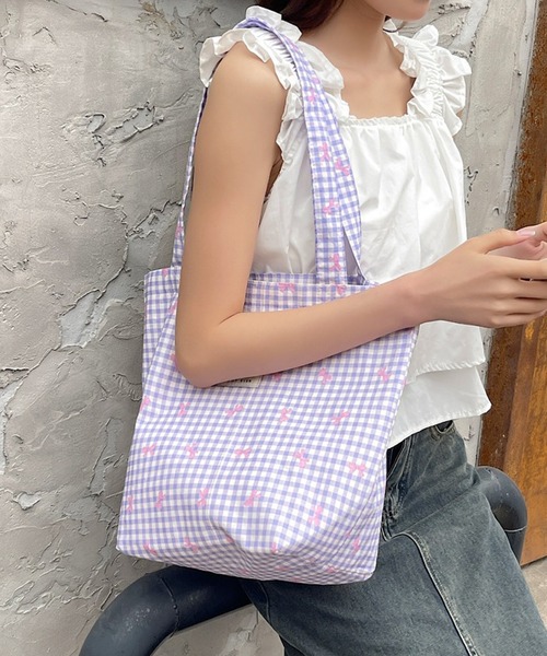Mignonjour(ミニョンジュール)の「Mignonjour/リボンチェック柄トートバッグ M2691(トートバッグ・レディース・ブルー/レッド/ピンク/イエロー/パープル・FREE)」の6枚目の写真