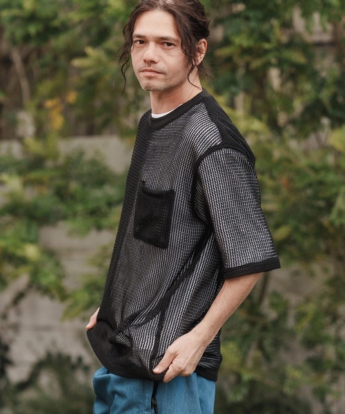CAMBIO(カンビオ)の「mt9552-ドライニットミニ布帛メッシュTシャツ(Tシャツ/カットソー・メンズ・ブラック/アイボリー・M/L/XL)」の2枚目の写真