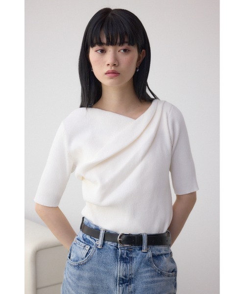 AZUL by moussy（アズールバイマウジー）の「ドレープデザイン5分袖リブニット（ニット/セーター・レディース・アイボリー/ブラック/ライム/ピンク/レッド・FREE）」の6枚目の写真