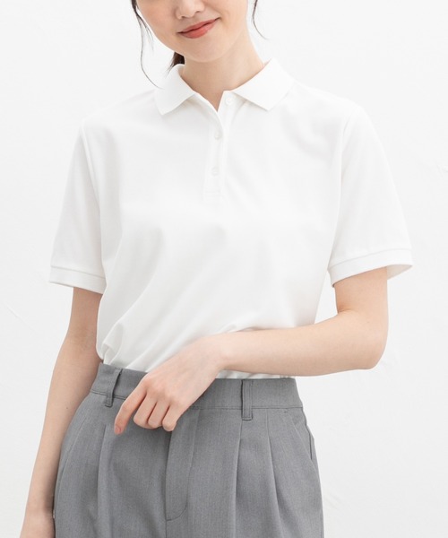 Honeys(ハニーズ)の「【ハニさら・吸水速乾・抗菌防臭・UVカット】半袖ポロシャツ(ポロシャツ・レディース・ホワイト×ネイビー/ネイビー/ブラック×ホワイト/レッド/オフホワイト/杢グレー/アイボリー/サックスブルー/ブラック・L/LL/M/S/3L)」の2枚目の写真