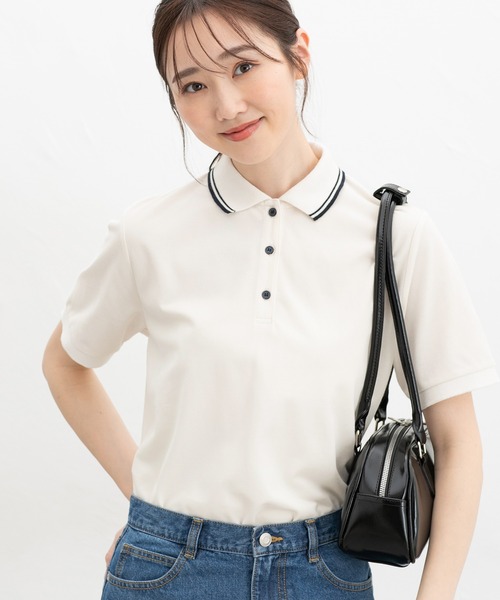 Honeys(ハニーズ)の「【ハニさら・吸水速乾・抗菌防臭・UVカット】半袖ポロシャツ(ポロシャツ・レディース・ホワイト×ネイビー/ネイビー/ブラック×ホワイト/レッド/オフホワイト/杢グレー/アイボリー/サックスブルー/ブラック・L/LL/M/S/3L)」の19枚目の写真