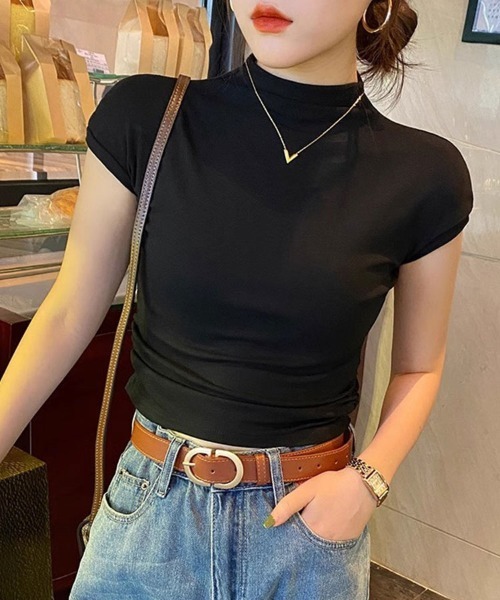 SallyLunn(サリーラン)の「ハーフネックフレンチスリーブトップス(Tシャツ/カットソー・レディース・ベージュ/ブラック/グリーン/ホワイト・FREE)」の2枚目の写真