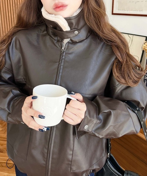 セール】ファーティペット付きフェイクレザーブルゾン