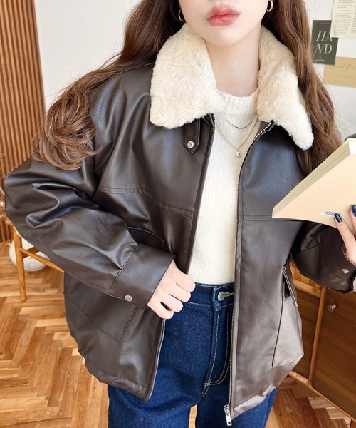 セール】ファーティペット付きフェイクレザーブルゾン（ブルゾン