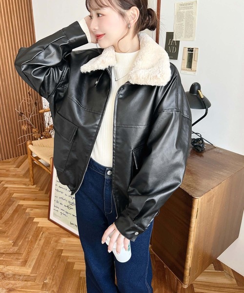 セール】ファーティペット付きフェイクレザーブルゾン
