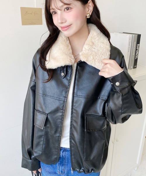 セール】ファーティペット付きフェイクレザーブルゾン（ブルゾン