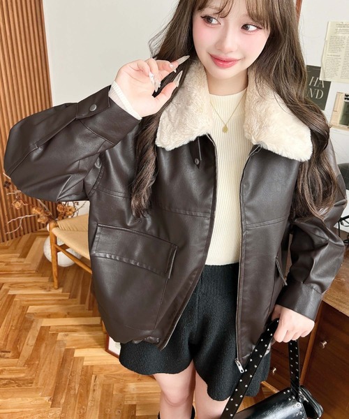 セール】ファーティペット付きフェイクレザーブルゾン