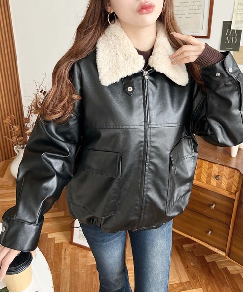 セール】ファーティペット付きフェイクレザーブルゾン（ライダース