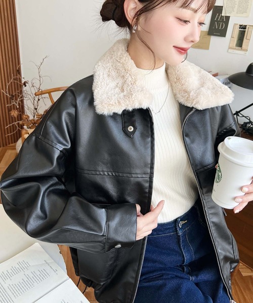 セール】ファーティペット付きフェイクレザーブルゾン（ライダース