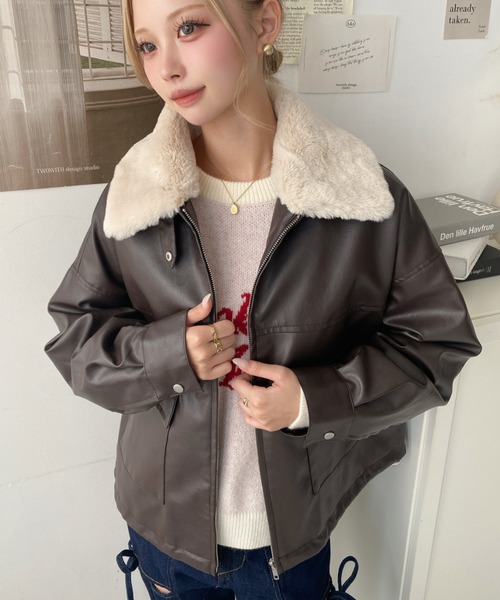 セール】ファーティペット付きフェイクレザーブルゾン（ライダース