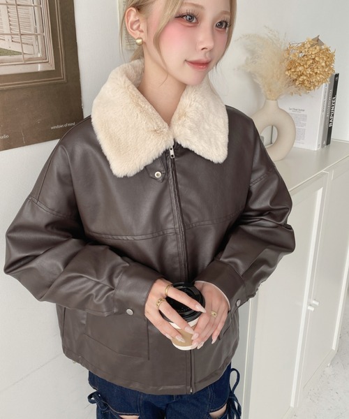 ジャケット ブルゾン ファーティペット付きフェイクレザーブルゾン レディース ファーティペット付きフェイクレザーブルゾン | titivate