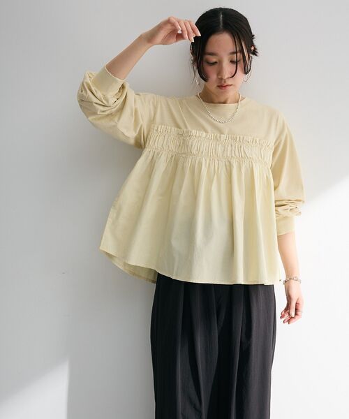 Green　Parks（グリーンパークス）の「ピグメントドッキングシャーリングプルオーバー（Tシャツ/カットソー・レディース・チャコールグレー/ダークブルー/ベージュ・FREE）」の8枚目の写真