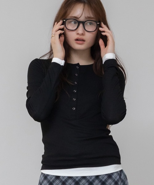 セール】ヘンリーネック長袖レイヤードカットソー/韓国 グレー