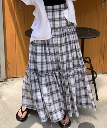 レディース ふわっと風に舞う。ハイウエストティアード切替ロングスカート