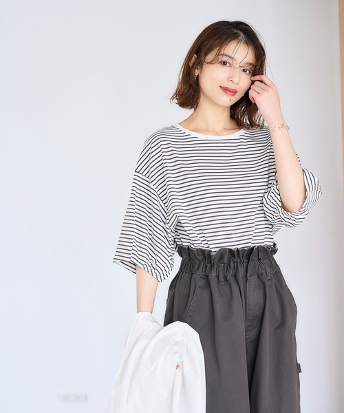 studio CLIP（スタディオクリップ）の「USAコットンタックパフスリーブTシャツ【WEB限定カラーあり】（Tシャツ/カットソー・レディース・オレンジ/その他2/その他1/ライトグレー/その他8/その他7/その他9/ブラック・LARGE/MEDIUM）」の4枚目の写真