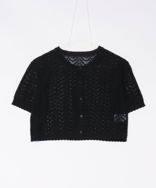 ショート丈透かし 編み半袖 ニットカーディガン（カーディガン/ボレロ